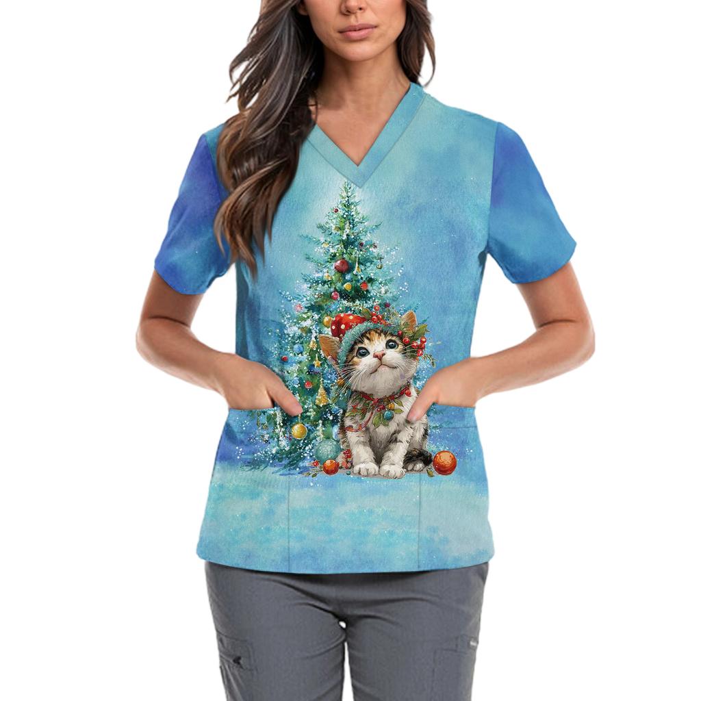 Женская милая блузка с принтом бантиков, рабочая одежда, V-образный вырез, двойной слой, карманы, базовая, с коротким рукавом, пуловер