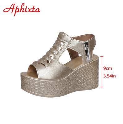 Aphixta Летние 9 см Высокий Клиновидный Каблук Платформа Сандалии Женские Сандалии Золотой Верх Женские Летние Туфли На Молнии Сандалии с Открытым Носком Большой Размер 43