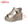 Aphixta Summer 9cm High Wedge Heel Platform Sandals Woman Sandals Gold Upper Women Zip Summer Shoes Peep Toe Sandals Big Size 43
