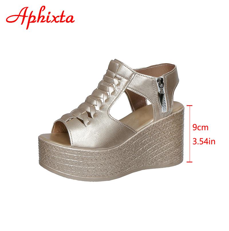 Aphixta Summer 9cm High Wedge Heel Platform Sandals Woman Sandals Gold Upper Women Zip Summer Shoes Peep Toe Sandals Big Size 43