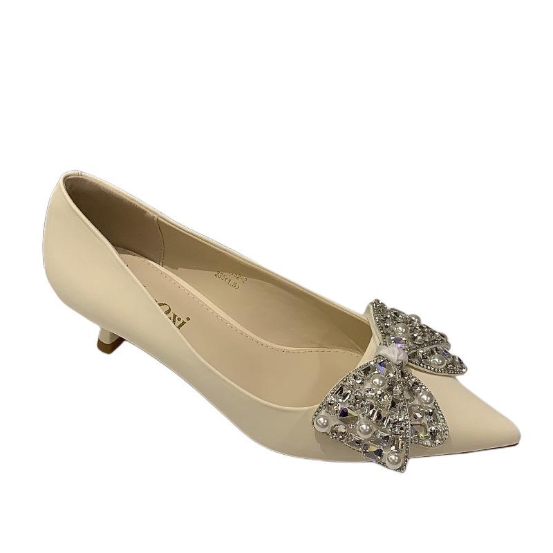 Остроносые тонкие каблуки туфли на высоком каблуке женские 2024 новая осень не устают ноги средний каблук стразы бант темперамент универсальные одинарные туфли