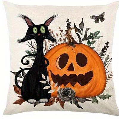 Home Decor Halloween Cat, Pumpkins & Spider Print Pillow Pattern Cushion Cover Suitable For Sofa Bedroom Car Pillow Cover