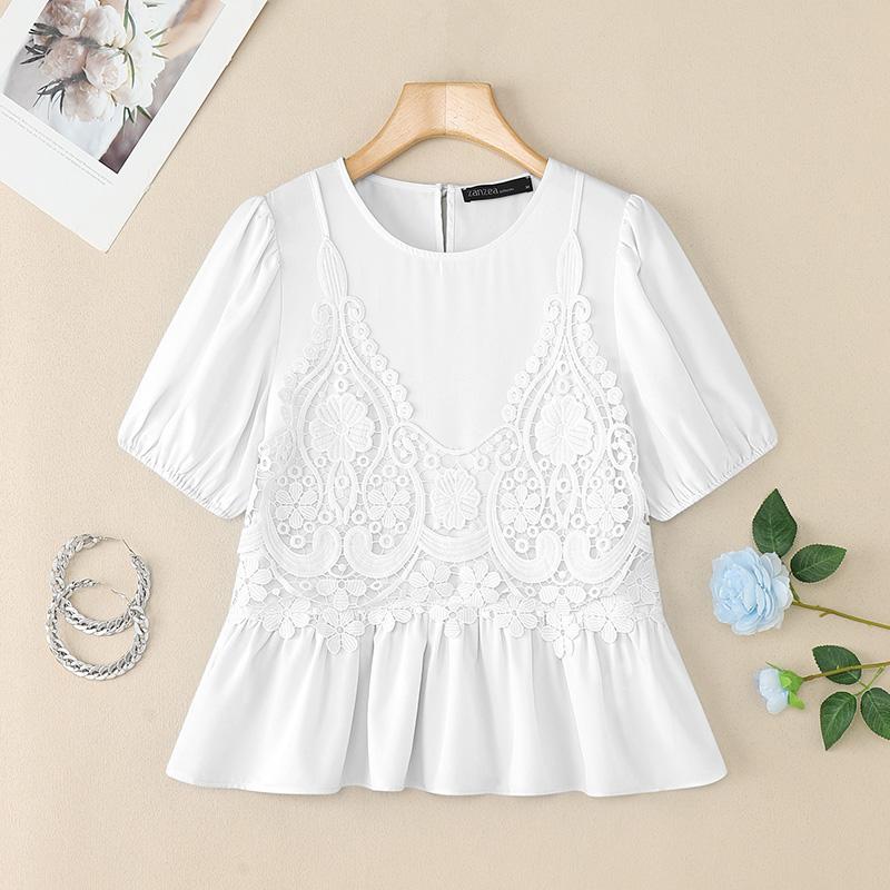 ZANZEA Женские повседневные футболки с круглым вырезом, крючком, пэчворк, летние, с коротким рукавом