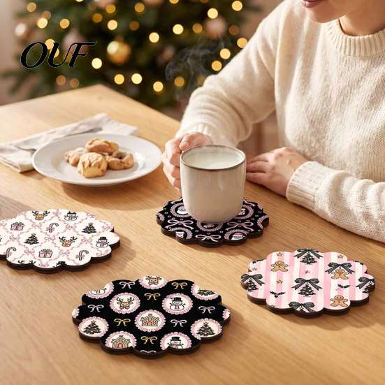 Winter Holiday Festive Coasters 4PCS Black Cat Acrylic Coasters, Christmas Tabletop Table Decor Protection Mats, Non-Slip Rounded for Dining