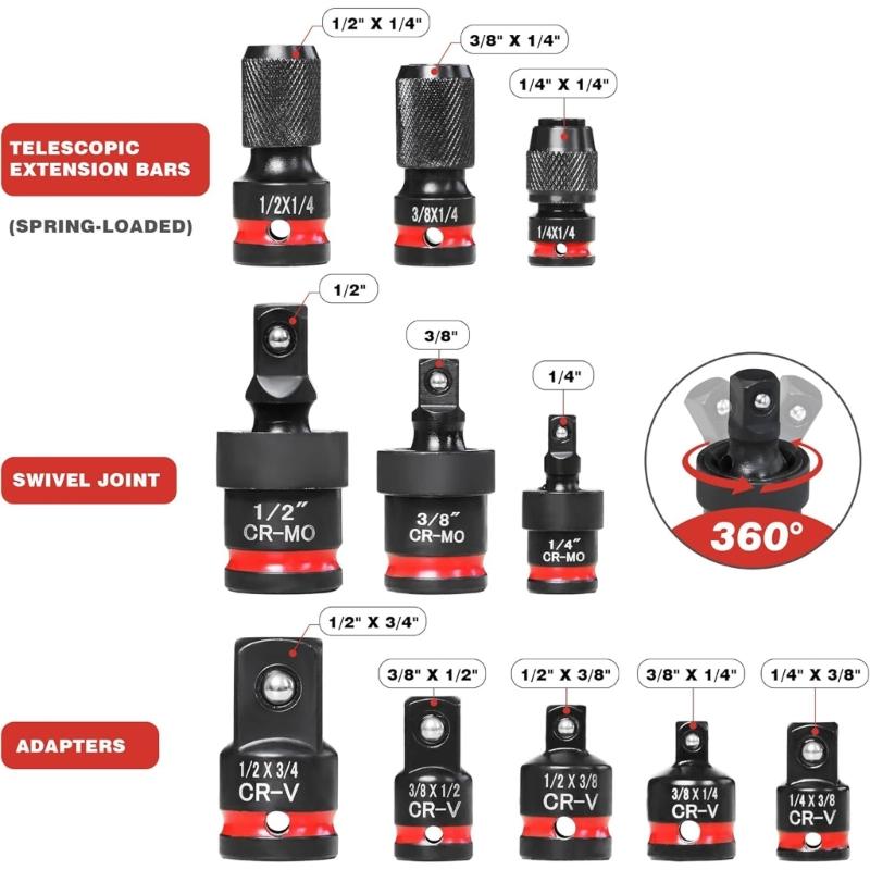 Набор из 11 шт. ударных торцевых головок 1/4", 3/8", 1/2" с карданным шарниром для различных ремонтных работ