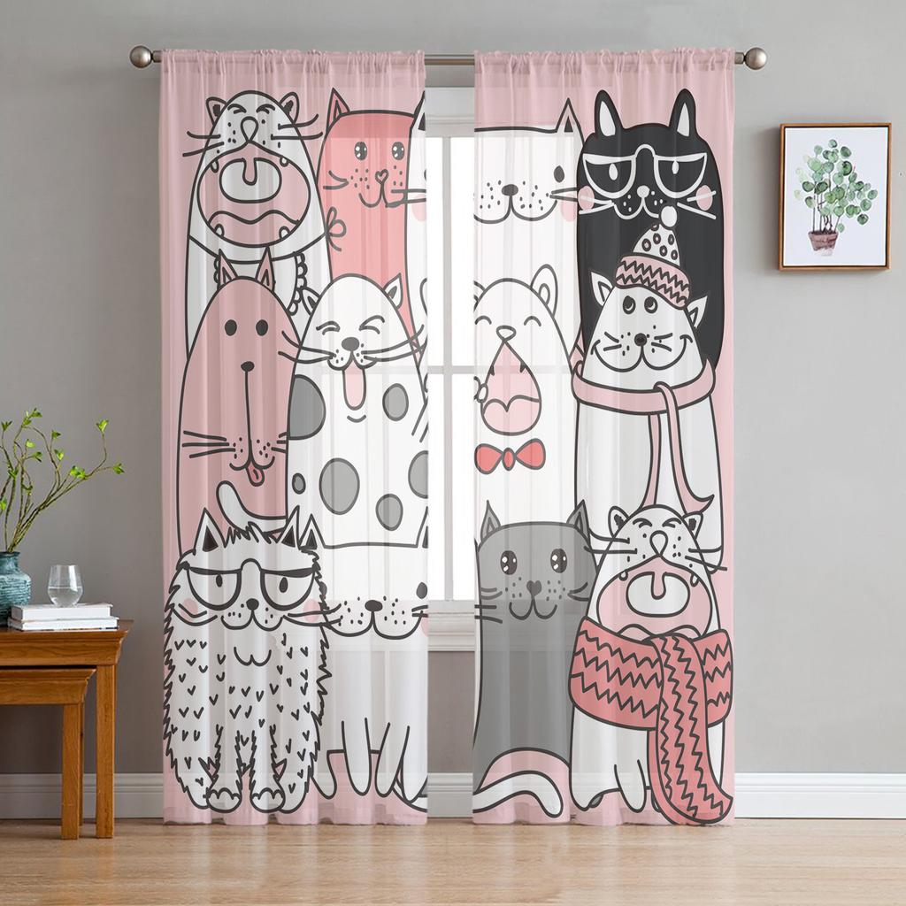 Cartoon Animal Cat Sheer Voile Curtains for Living Room Bedroom Printed Tulle Window Curtain Luxury Home Balcony Decor Drapes