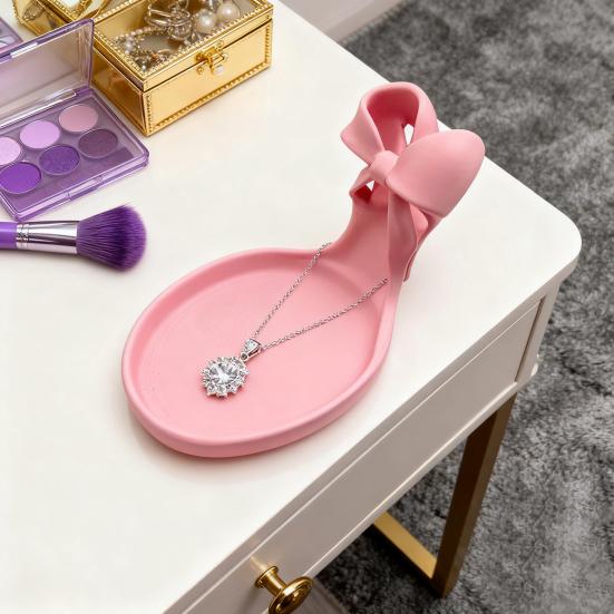 Розовая подставка для украшений в виде туфли-стилета, напечатанная на 3D-принтере, блюдо для украшений в виде туфли на высоком каблуке с бантом, держатель для женских колец и серег, подставка для демонстрации украшений для туалетного столика в спальне