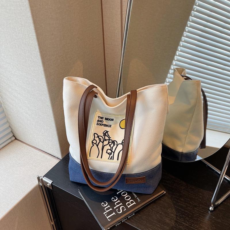 Холщовая сумка большой вместимости, женская летняя новая повседневная сумка на плечо контрастного цвета, сумка-тоут для занятий для студенток колледжа