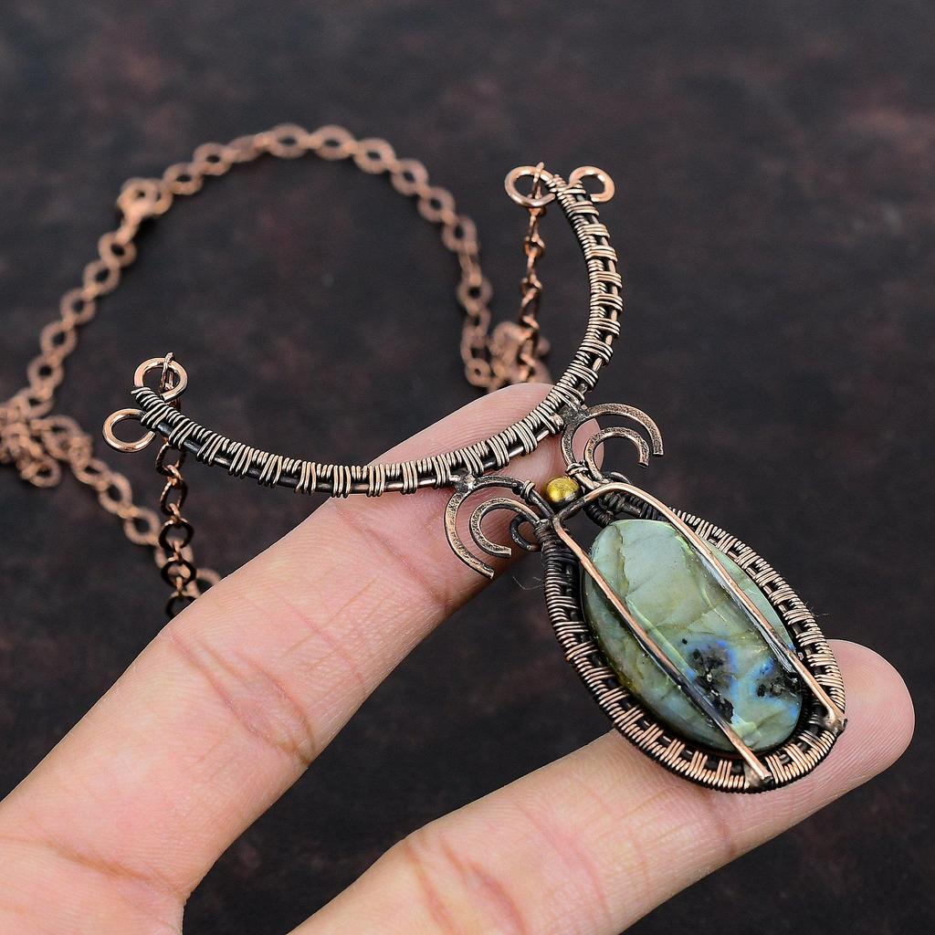 Ожерелье из лабрадорита Mystic Fire, медная проволока, ожерелье из драгоценных камней, регулируемое ожерелье, медные украшения ручной работы, уникальное ожерелье для подарка