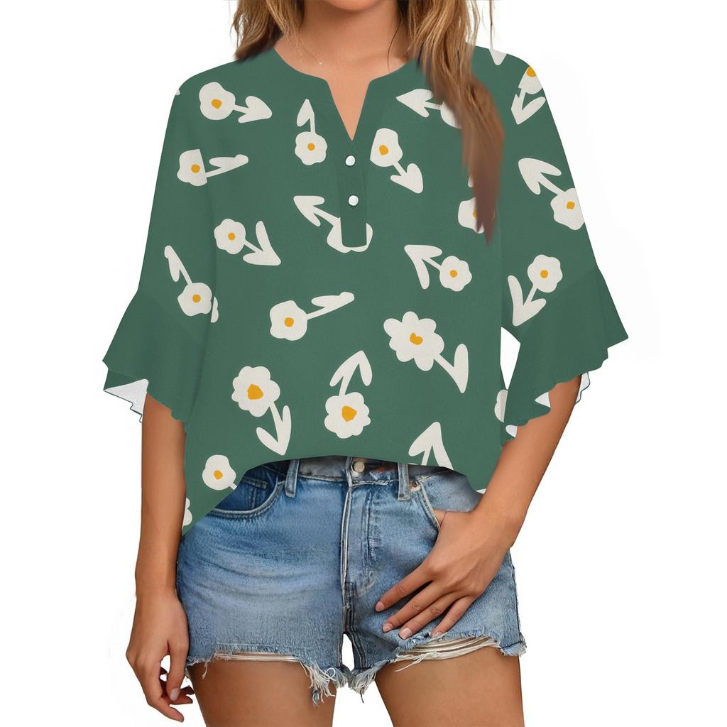 Summer Women's Tops V-Neck Seven Sleeve Shirt Spring Summer Floral Printed Tops Casual Shirt