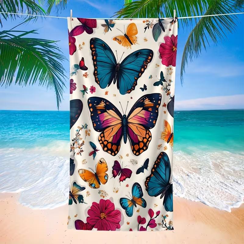 Vibrant Butterfly Floral Print Beach Towel Quick Dry Lightweight Absorbent Sand-Proof Towel for Summer Vacation Camping