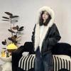 Winter Faux Fur Lined Hooded Puffer Jacket Men Women PU Leather Trim Warm Couple Coat
