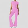 Womens High-Waisted Yoga Set With Butt-Lifting Effect Short Sleeve Top Flared Leggings Gym Fitness Running Dance