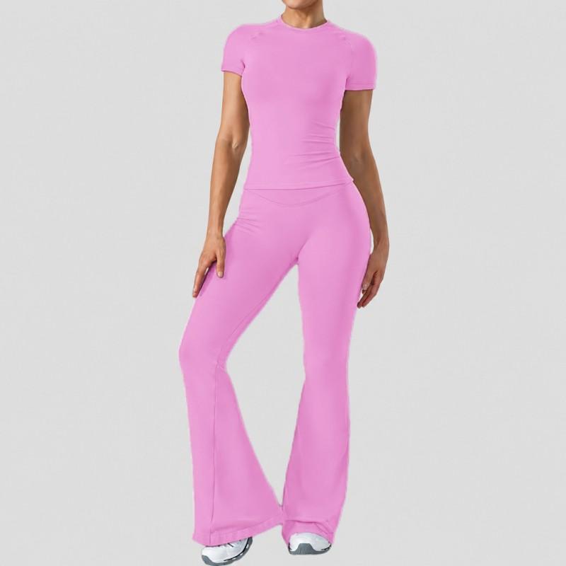 Womens High-Waisted Yoga Set With Butt-Lifting Effect Short Sleeve Top Flared Leggings Gym Fitness Running Dance