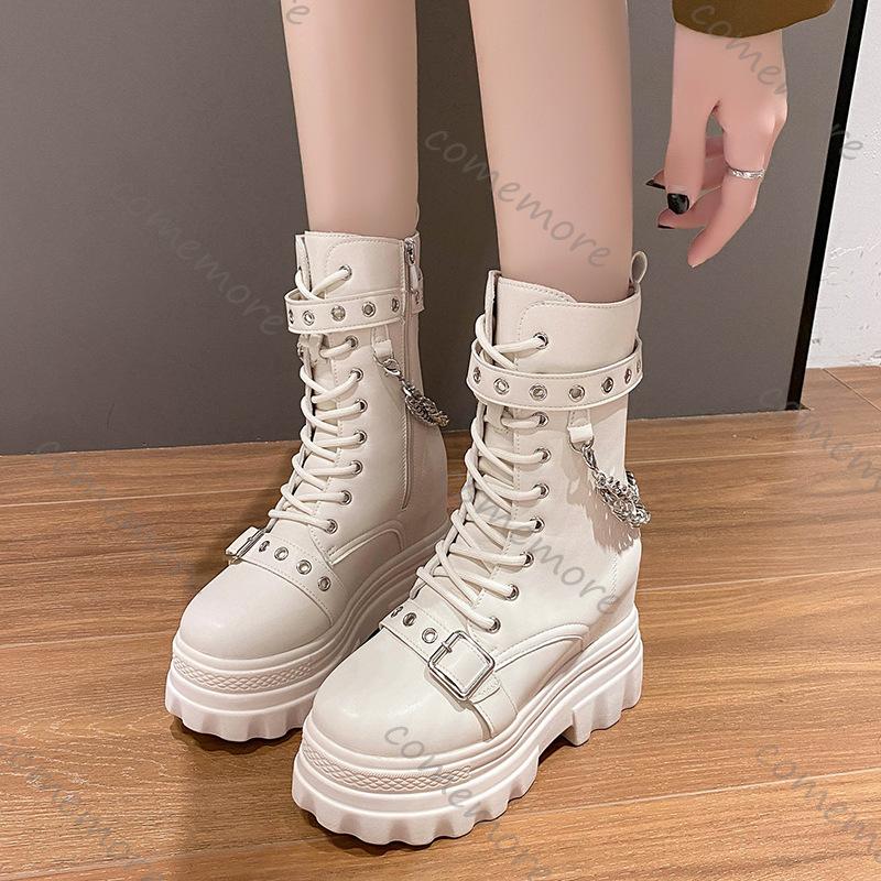 Fashion Comemore Thick Bottom Knight Boots Fashion Chunky High Heeled Women Shoes Wedge Buckle Rivet Platform Motorcycle Ankle Boots