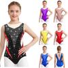 Girls Gymnastics Leotard Metallic Sleeveless Keyhole Back Sheer Mesh Sparkling Rhinestones Bodysuit
