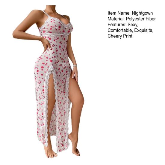 Женские сексуальные ночные рубашки с принтом вишни, кружевной отделкой, глубоким V-образным вырезом, сорочка, прозрачная ночная рубашка с боковыми разрезами
