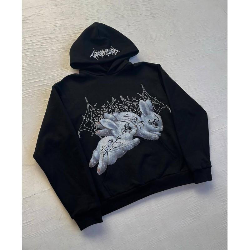 Unisex Retro Hip Hop Hoodie Black 3D Print Streetwear Oversized Fit Long Sleeve Pullover