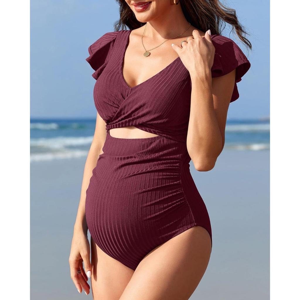 CHARMLEAKS Купальник для беременных в рубчик, цельный купальный костюм с рюшами и рукавами, рюшами и вырезами, завязывающийся узел, купальник для беременных