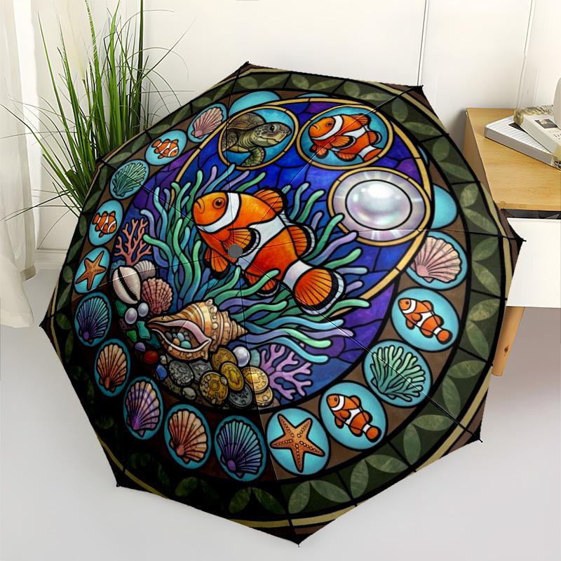 Ocean Life Glass pattern umbrella, portable and foldable design, 8 ribs, a casual accessory for Halloween, Christmas, and birthday gifts.