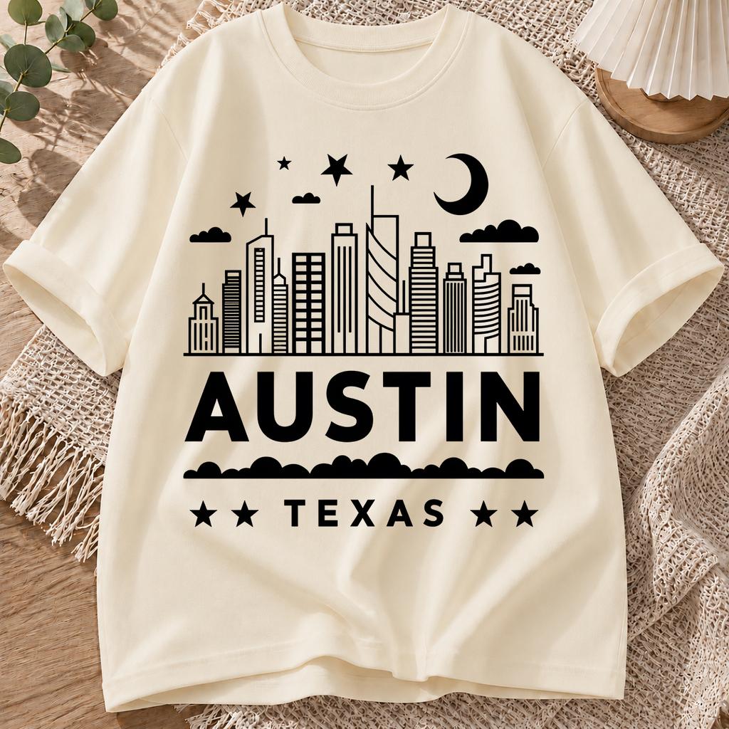 2026 New Pure Cotton Tshirt Austin City Print Casual Crew Neck Short Sleeve Minimalist Street Style Top
