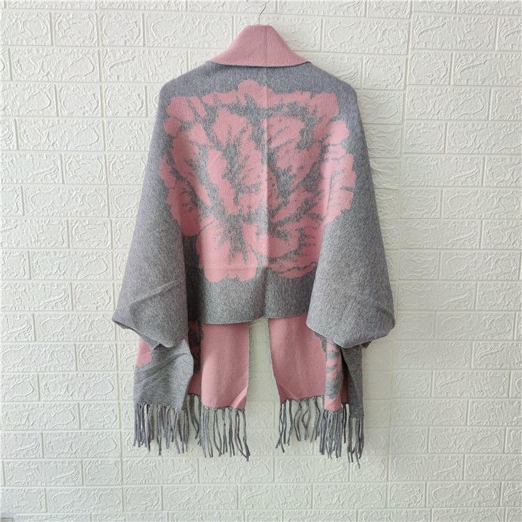 Женское пончо 2022, осенне-зимний шарф из искусственного кашемира с пионом и бахромой, двусторонняя теплая накидка с длинными рукавами, женский топ