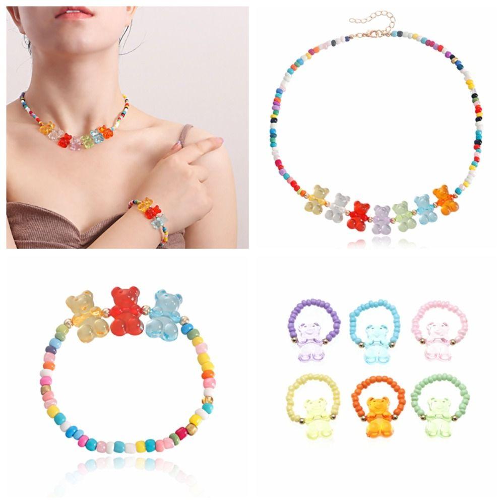Charms Jelly Bear Necklace Minority Design Retro Colorful Ring Set Rice Bead Bracelet Party