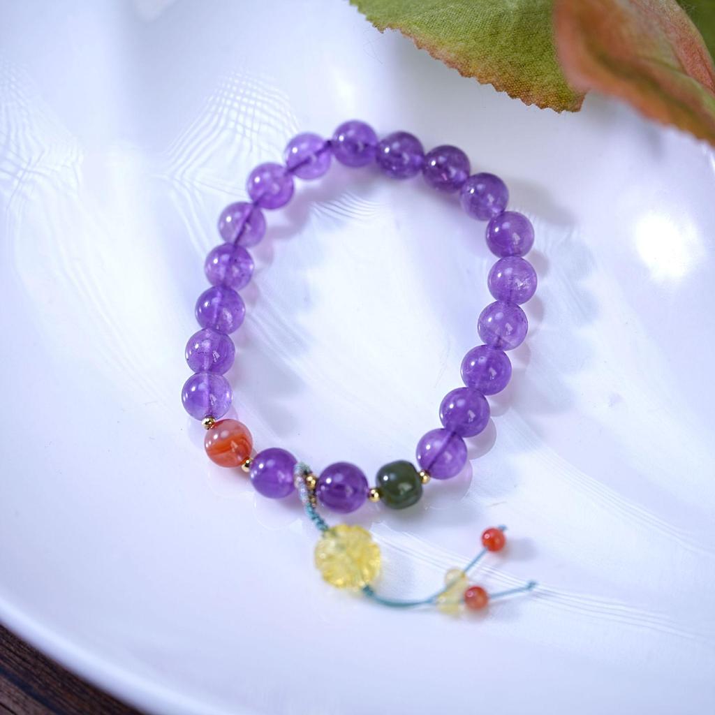 Women's Light Luxury Amethyst & Yellow Plum Blossom Beaded Bracelet with Crystal Pendant