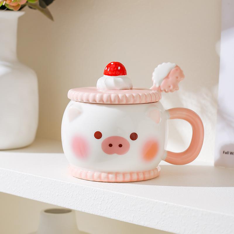 Креативная милая мультяшная керамическая кружка розовая с сердечком для девочки подарочная чашка для воды с крышкой ложкой чашка с котиком и свиньей