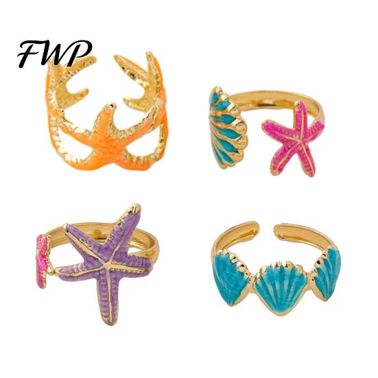 Layered Ring Set 4Pcs/Set Ocean Series Set, Multiple Styles Starfish Shell Design Stacking Rings Finger Ring, Alloy Adjustable for Jewelry Gift Size