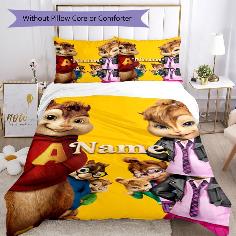 3pcs Custom Name Alvin and the Chipmunks Bedding Set Duvet Cover Closure Includes 1 Duvet Cover & 2 Pillowcases, Soft and Comfortable for All Seasons.