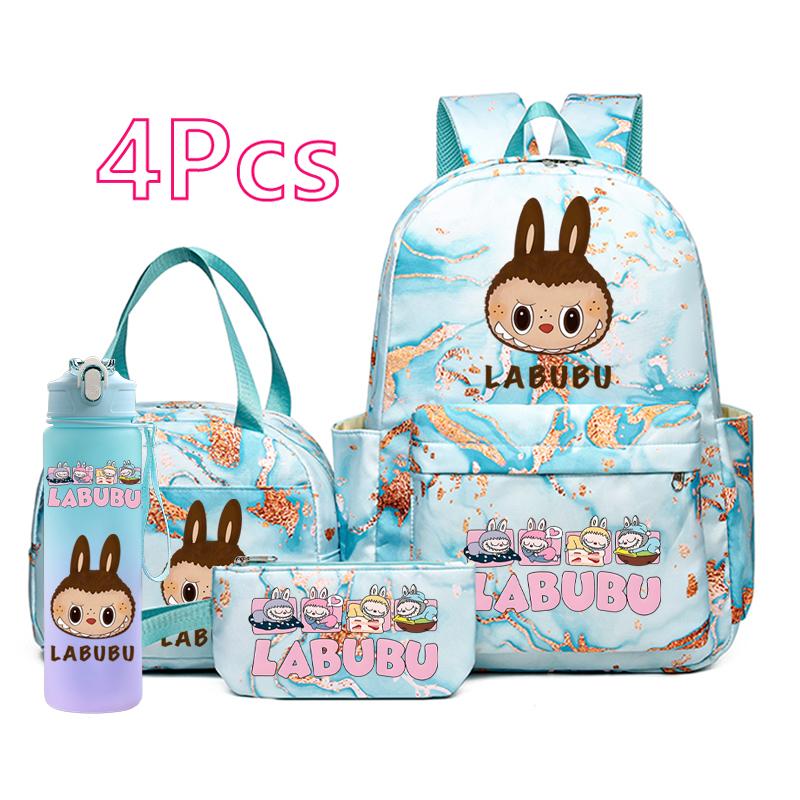 4Pcs/set Cartoon Printed Backpack Pencil Bag Lunch Bag Outdoor Water Bottle Student Girl Large Capacity Schoolbag Travel Bag Gift