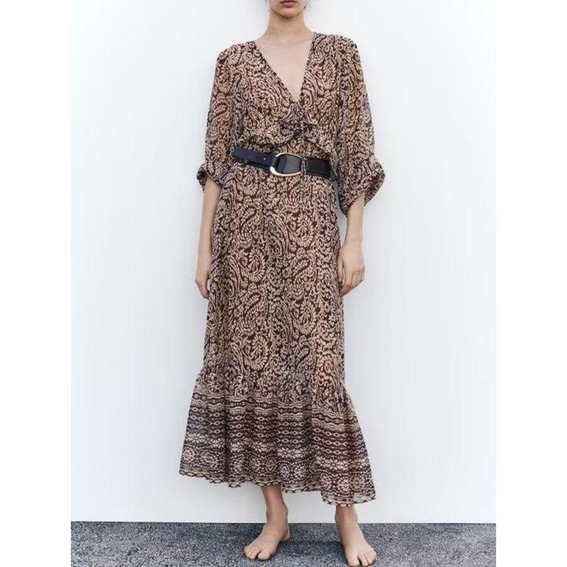 Za2025 Spring New Women's Clothing Elegant Laminated Decoration Printed V-neck Midi Skirt Dress 3564054 330