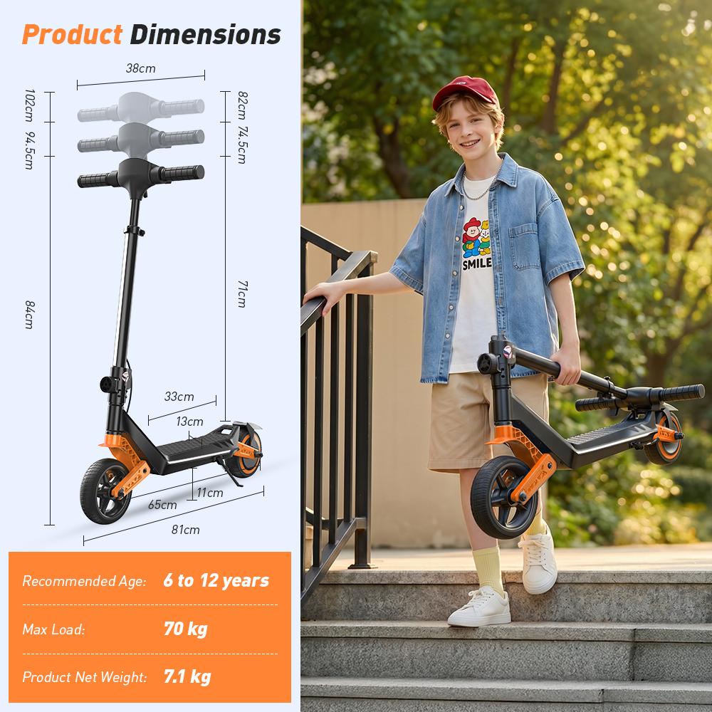 Детский электросамокат K6 150 Вт 2,6 Ач 6,5'' Сплошные шины Bluetooth-динамик Светодиодные огни Складной и регулируемый по высоте Макс. скорость 16 км/ч Дальность 7-9 км для детей