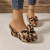 Vintage Style Leopard Print Platform Wedge Heels for Women Thick Sole Open Toe Sandals with Bow Detail, Black  Yellow Design, Comfortable Fabric Upper