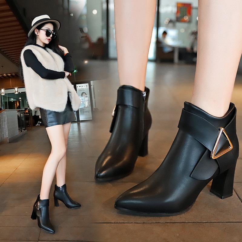 20 Autumn and Winter New Style Metal Decoration Pointed Head Thick Heel Fashion Short Boots Women