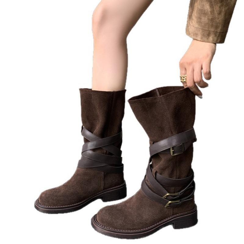 Женские ковбойские сапоги из коровьей кожи, коричневые, с пряжкой на ремне, сапоги-чулки, средние рыцарские сапоги, новые ретро сапоги с ремешками, женские