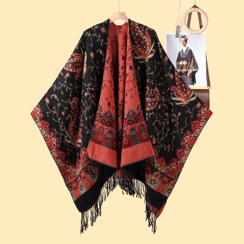 Women Vintage Fringed Split Jacquard Shawl Cape For Autumn Winter Travel Warm