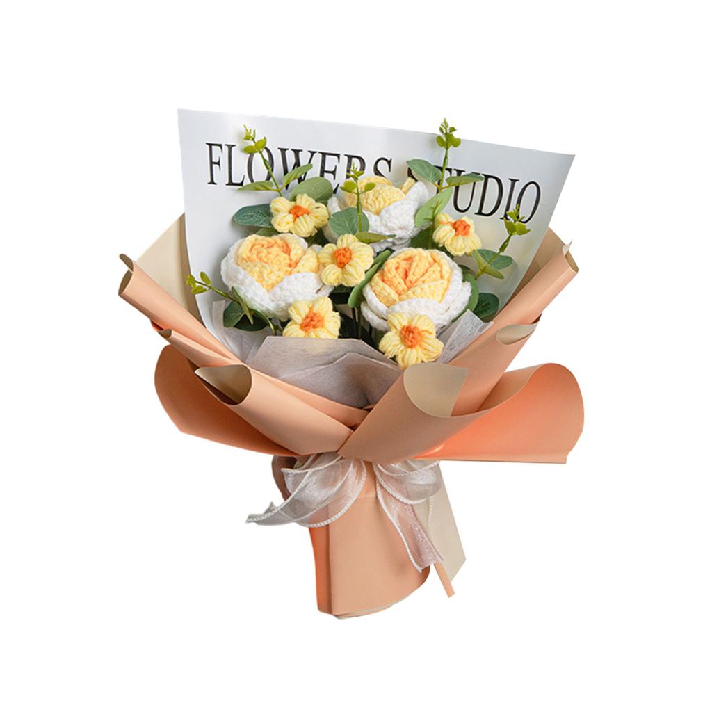 Crochet Flower Bouquet with LED String Lights Gift Bag for Mother's Day Gift, Knitted Bouquet Artificial Rose Flowers