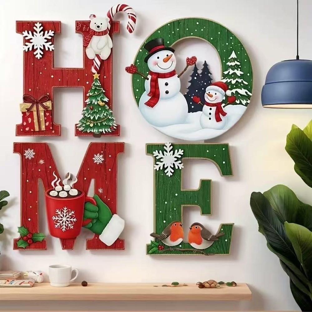 4 pcs Self Adhesive Home Letter Decor Wooden Wall Decor Cartoon Christmas Wall Decoration Porch