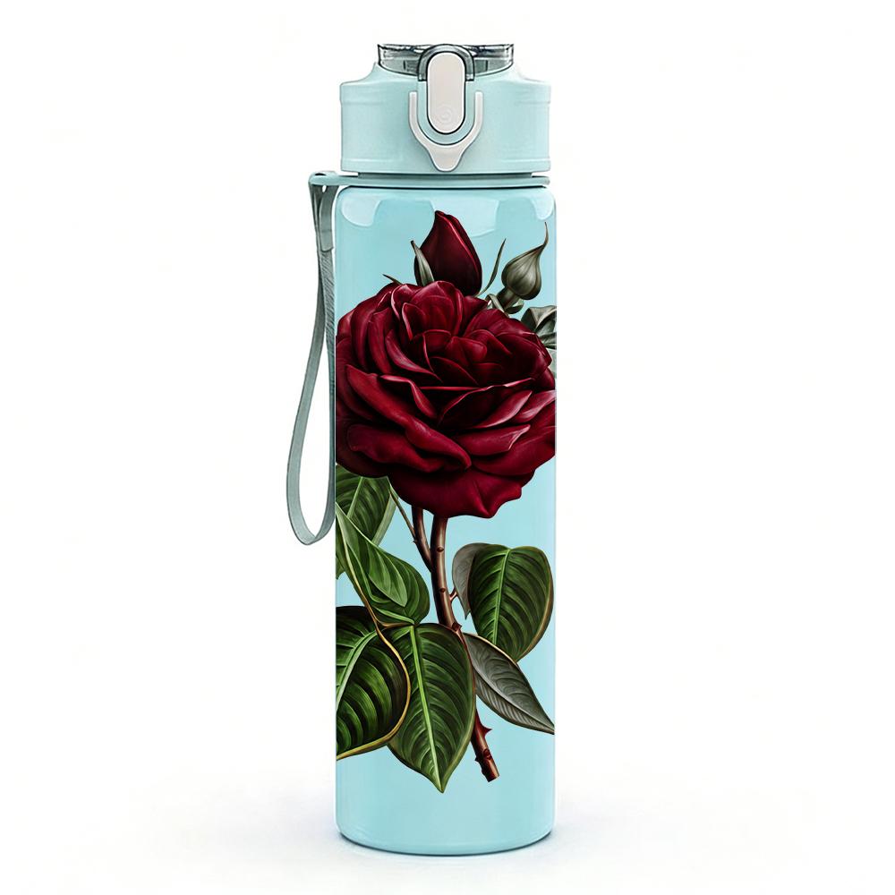 1PC Deep Red Watercolor Rose Graphic,750ml Color Plastic Sports Water Bottle,Leakproof Flip Straw Lid,Suitable for Sports Office Home Use