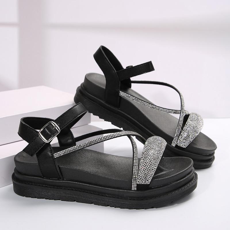 Новые однотонные женские сандалии со стразами, хит продаж, летние женские сандалии до середины икры с ремешком для девочек, новые модные женские пляжные сандалии среднего размера