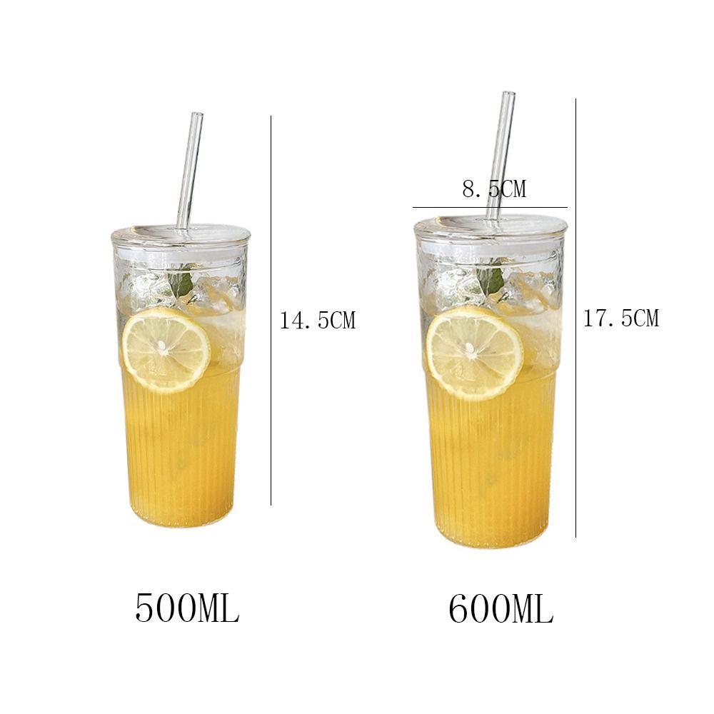 With Lid Glass Cup Transparent Cold Drink Cup 500/600ML Straw Cup School