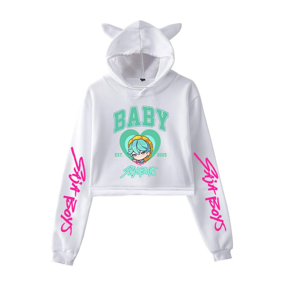 K-pop Охотники на демонов Саджа Мальчики Толстовка с капюшоном Женская с кошачьими ушками Длинный рукав Укороченные топы Модная толстовка для девочек Подарок для фанатов Женская одежда