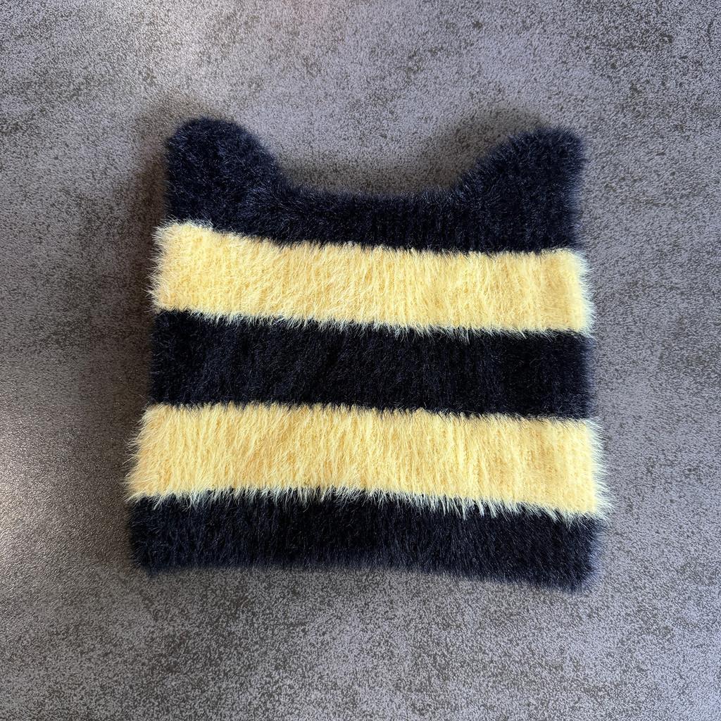 Ears Design Cats Knit Cap With Stripe Style For Daily Cold Weather Outdoor Use