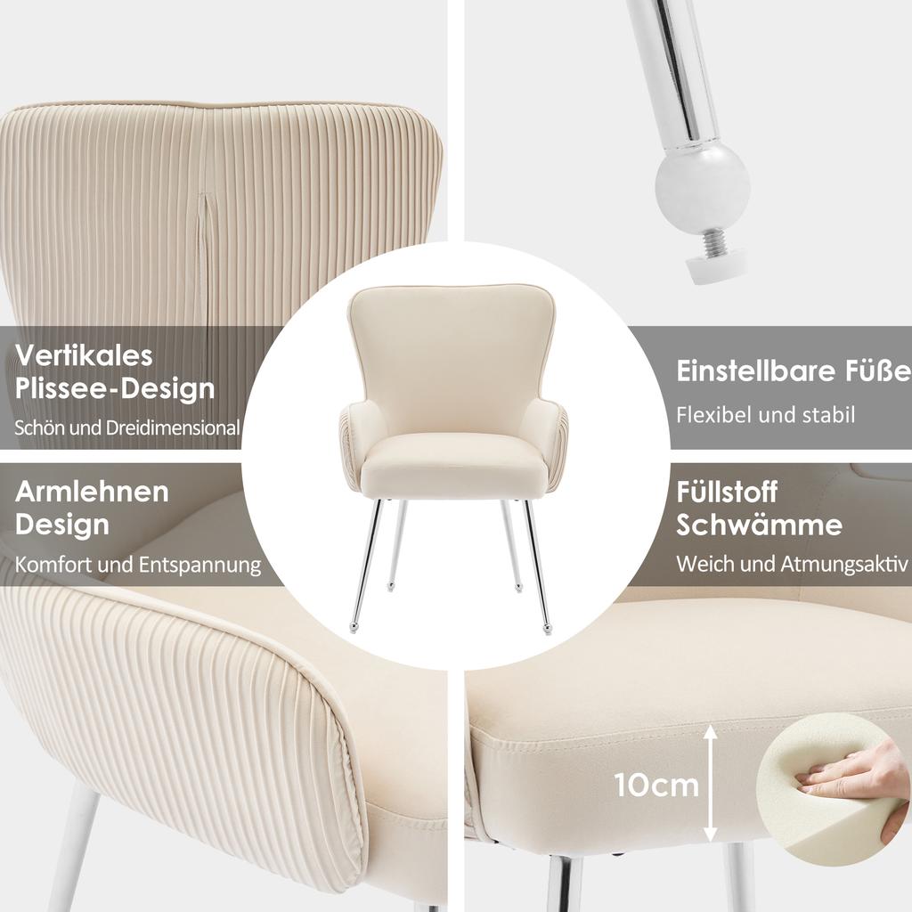 Velvet Dining Chair, Set of 2, Luxurious, Living Room, Bedroom, Lounge Chair, Four Silver Metal Legs, Armrests, Adjustable Feet, Lumbar Support, Beige