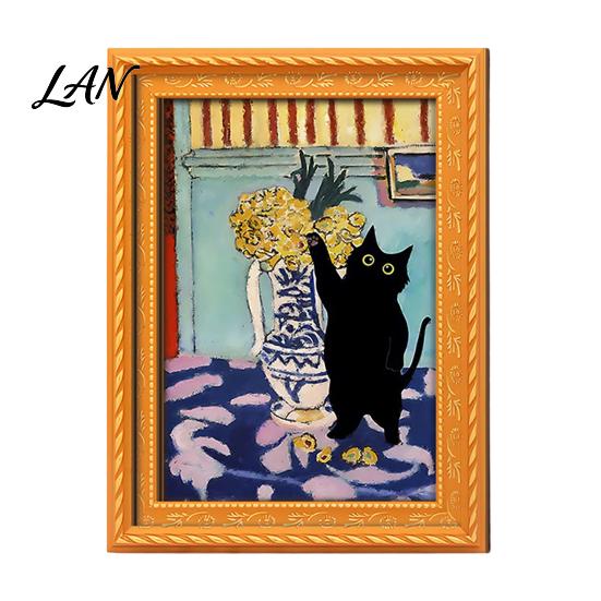 Decorative Fridge Magnets Oil Painting Cat Refrigerator Magnet, Wooden Frame Black Pattern Magnet Decor Theme Retro Rectangle Magnetic Decoration Home