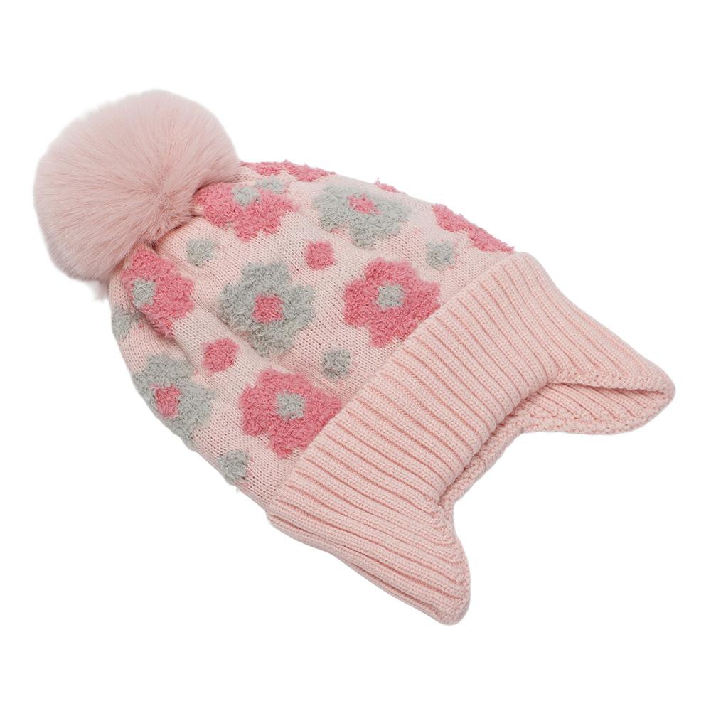 New girls jacquard flower knitted hat winter warm and plush children's hairball ear protection hat