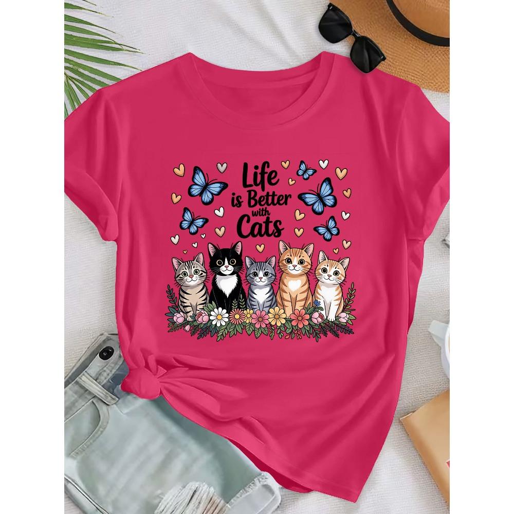 Ladies Elegant Wind Short Sleeve, Butterfly Love Five Cat Pattern Printed Crew Neck Casual Sports T-Shirt