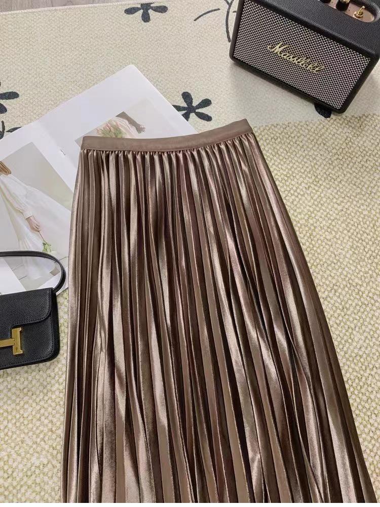 Women's High-Waisted Gold Velvet Pleated A-Line Long Skirt